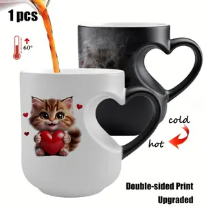 Adorable Kitten Holding a Heart Thermosensitive Ceramic Mug, Magic Color Changing Heart Handle Mug, 11 Oz Reusable Mug for Valentine's Day Gifts