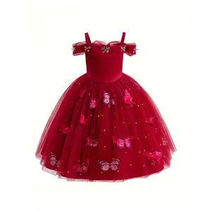 Elegant Girls' Off-Shoulder A-Line Dress with Rhinestone Butterfly & Faux Pearl Accents - Perfect for Parties, Birthdays, Pageants & Halloween Performances