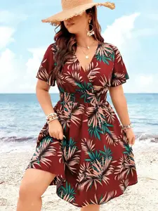 Women's Tropical Plant Print V Neck Dress, Short Sleeve Bell Sleeves, Waist Cinched, Flowy Hem, Casual Bohemian Boho Summer Vacation Style