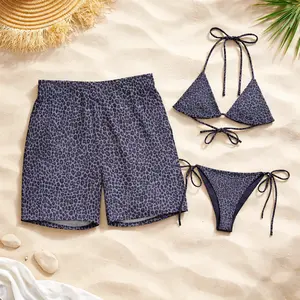 Cheetah Leopard Matching Couple Swimwear Set – Women’s Tie Side Bikini & Men’s Quick Dry Swim Shorts Summer Beach Outfit, Gift For Her