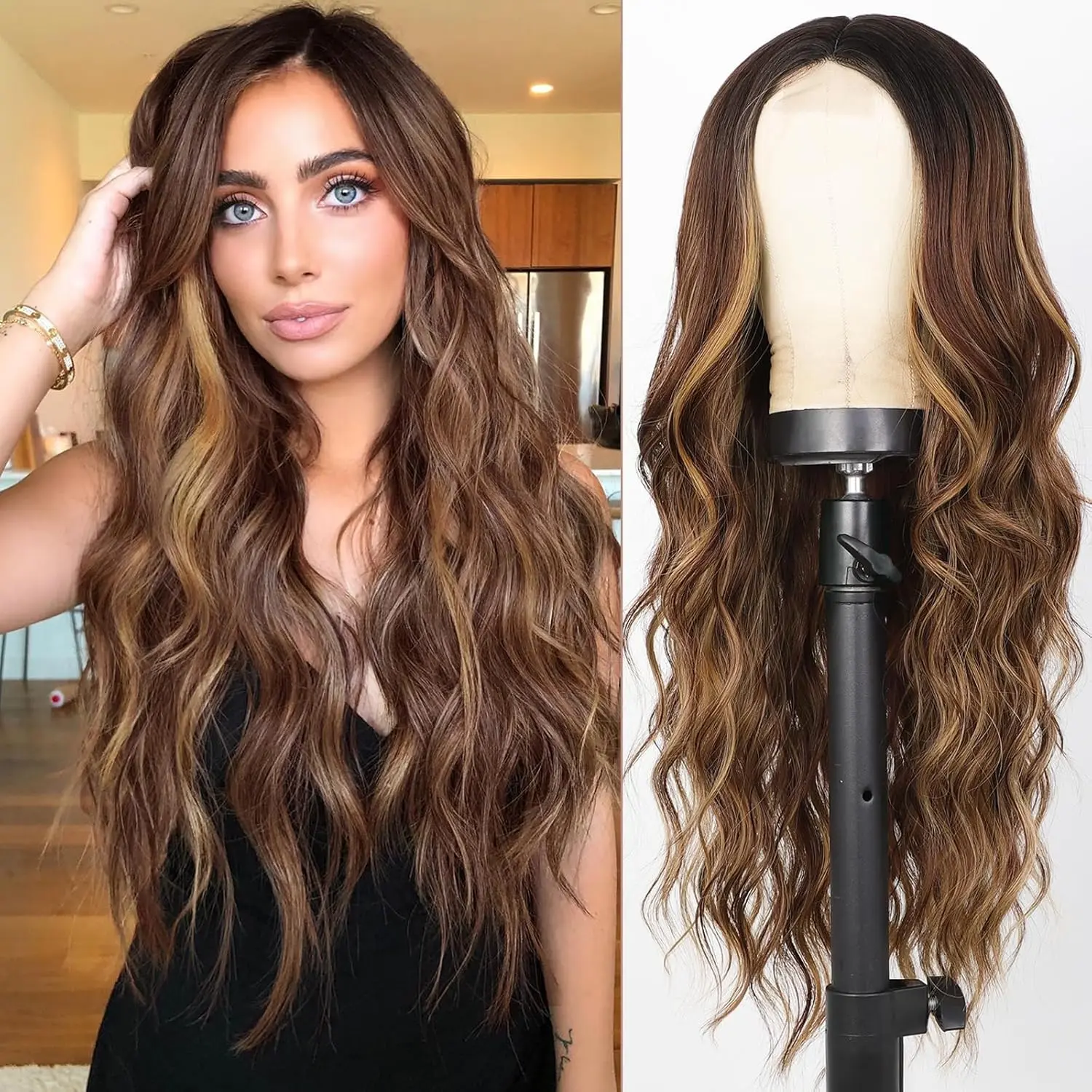 Outdoorfun Ombre Blonde Wigs for Women, Long Blonde Wavy Wig, 26 Inch Middle Part Natural Looking Synthetic Heat Resistant Wig for Daily Party Use