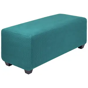 PiccoCasa High Stretch Ottoman Cover, Soft Slipcover Jacquard Fabric Small Checks Rectangle Storage Stool Cover Furniture Covers X-Large Peacock Blue