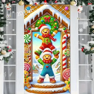 Christmas Door Banner Decoration, Gingerbread House Candy Background, Polyester Fabric, Easy Installation with 4 Copper Hooks, Holiday Party Decor, Wall Decor Banner