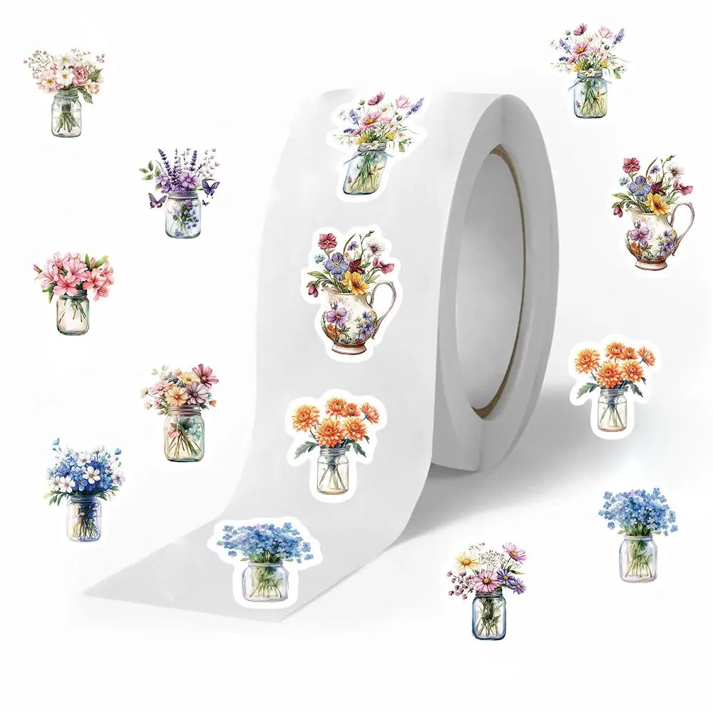 Flower Vase Pattern Sticker, 500pcs/roll Waterproof Self Adhesive Decorative Sticker, DIY Decals for Gift Greeting Card Water Bottle Laptop Phone