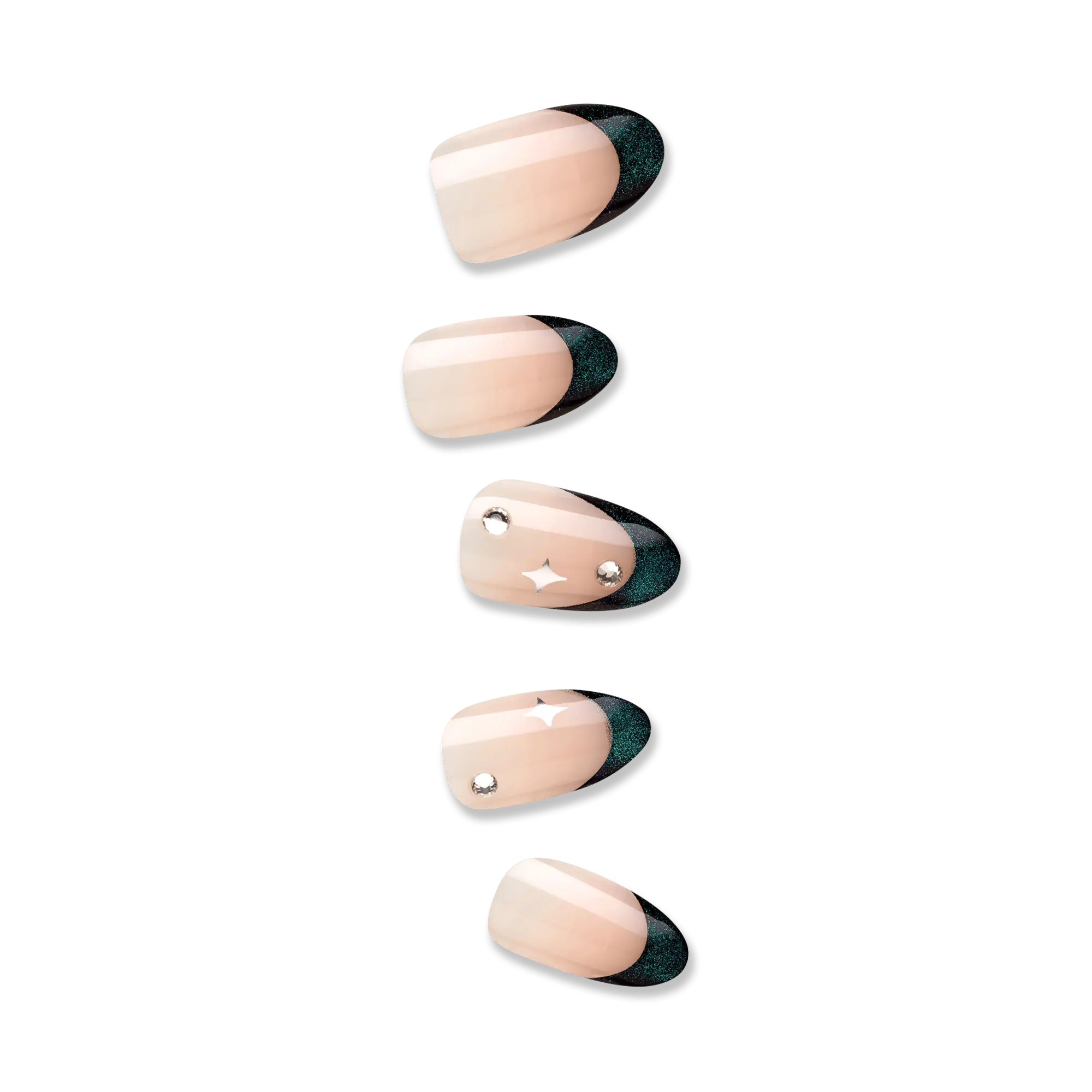 Impress Premium No Glue Fake Press On Nails - Visions | 3D & Jewel French, Metallic Green, Medium, Almond, Manicure