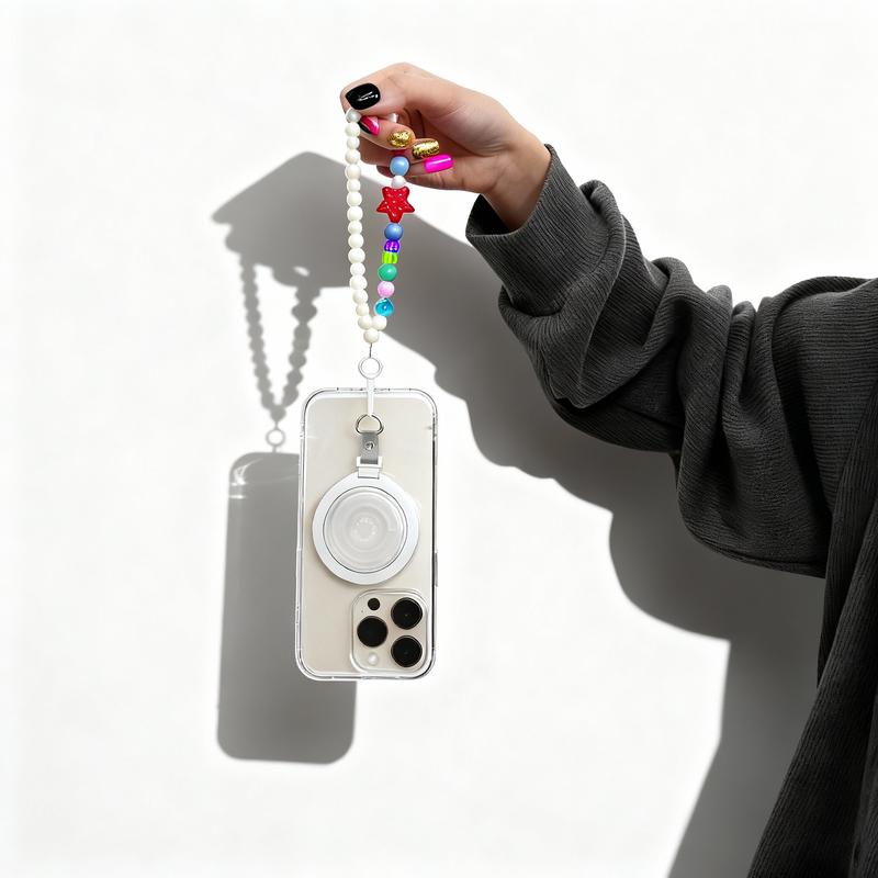 Magnetic Charm with Phone Grip Base for Kindle & Phone – Short Beaded Phone Chain, Anti-Theft Hands-Free Wrist Strap, Detachable Lanyard, Handmade Beaded Wrist Chain (Magnetic Ring Sticker Included for Non-MagSafe Devices)