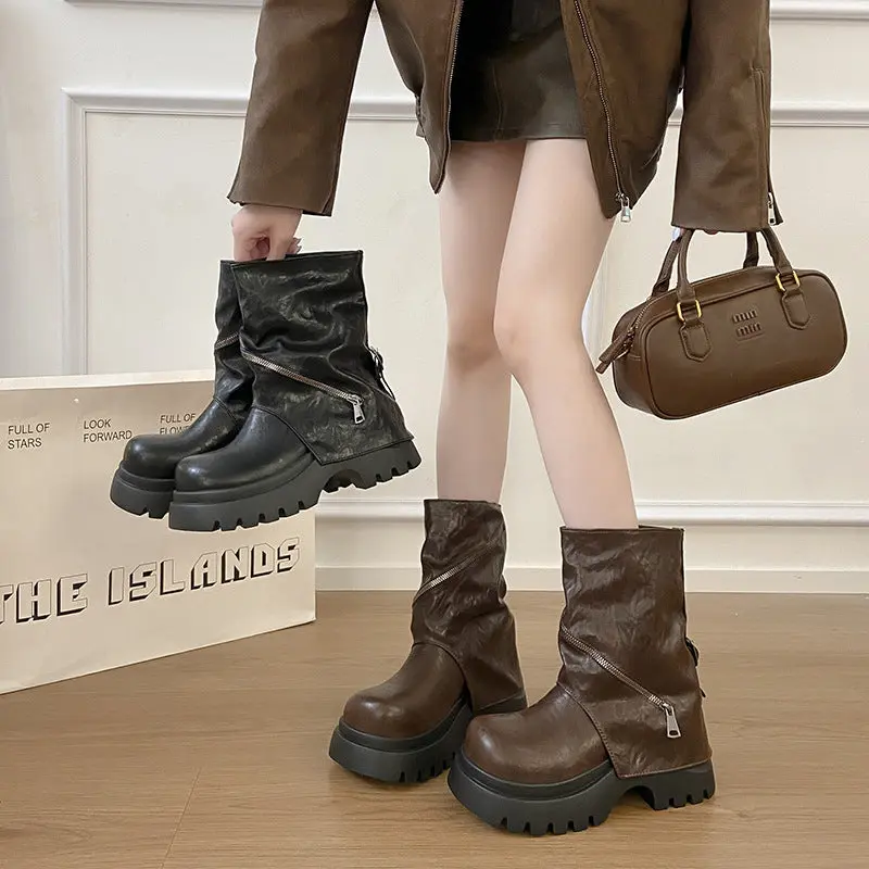 Brown Maillard-effect Thick-soled Autumn Height-increasing Baggy-trousered Boots