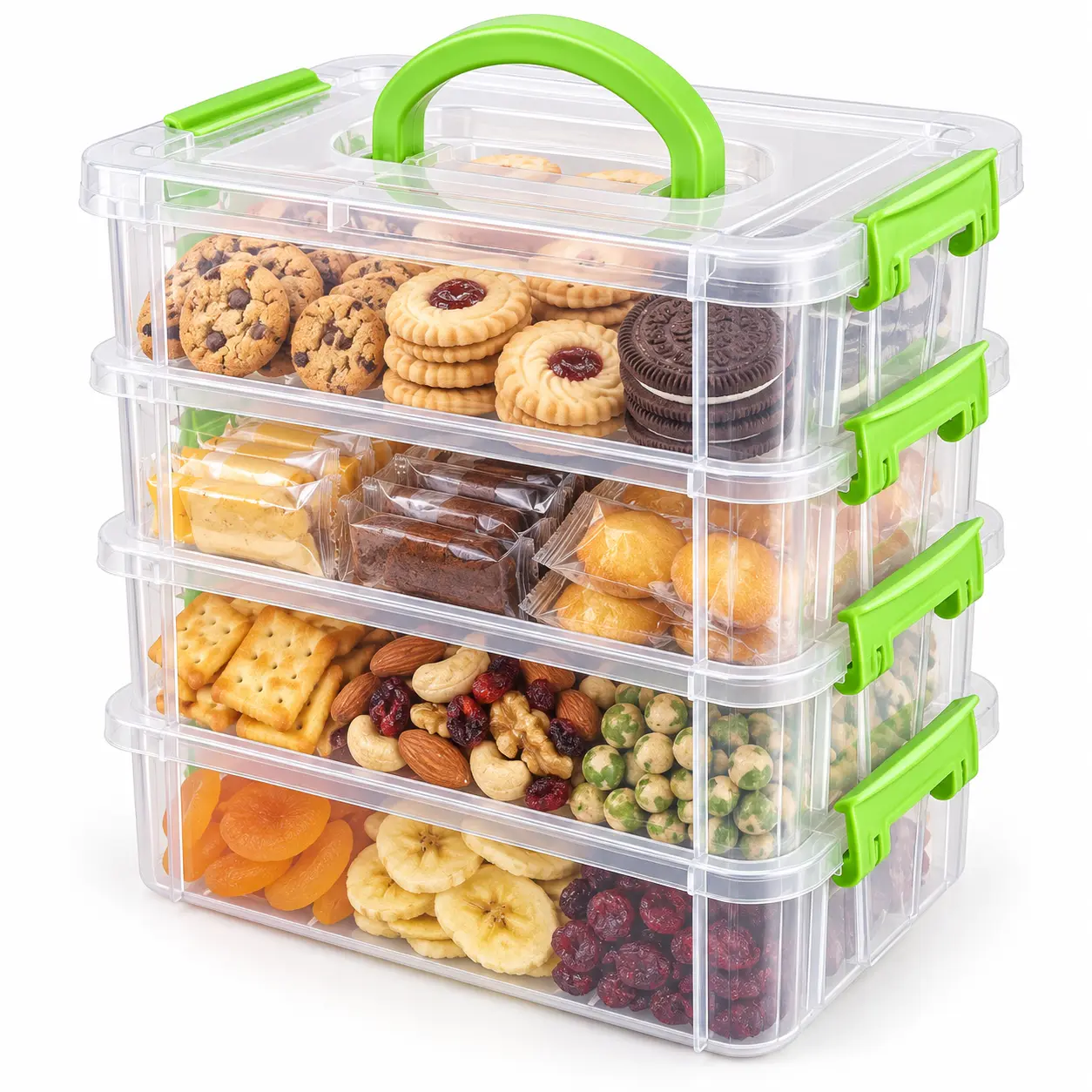 4-Tier Clear Snack Organizer with Handle, Stackable Portable Cookie & Candy Storage Box for Pantry, Kitchen, Party & Travel acrylic display