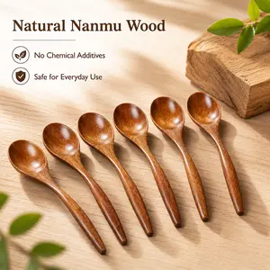 6-Pack Warm Brown Wood Grain Natural Wooden Spoons with Curved Ergonomic 7.1" Hand-Polished Handles, Eco-Friendly Healthy Tableware for Tea, Coffee & Middle-Aged/Elderly Users