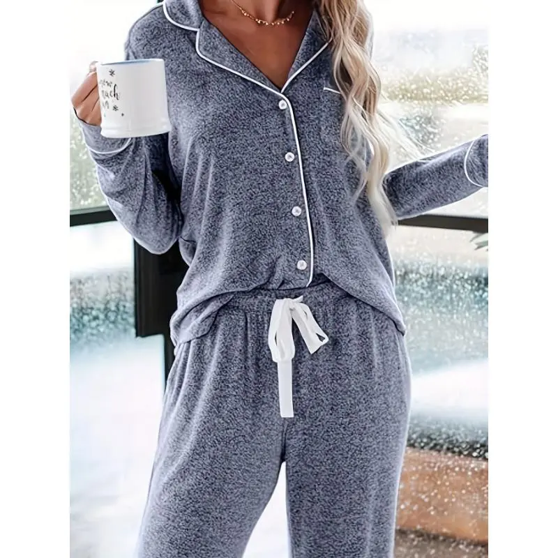Women's Pajama Set, Basic Solid Cotton-Blend 2-Piece Nightwear & Loungewear with Long Sleeve V-Neck Button-Up Belted Top & Pants