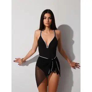2026 New European and American Slimming Women's Beach Black Deep V White Wave One-Piece Bikini for Pool Parties
