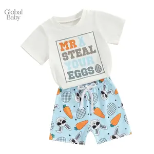 Global Baby  Easter Toddler Boys Summer Outfits Letter Print Crew Neck Short Sleeve T-Shirts Elastic Waist Shorts 2Pcs Clothes Set