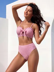 Women's Seashell Textured Bikini Sets Knotted Front 2 Piece Swimsuits Ruffle Trim Bathing Suits SpringStatements