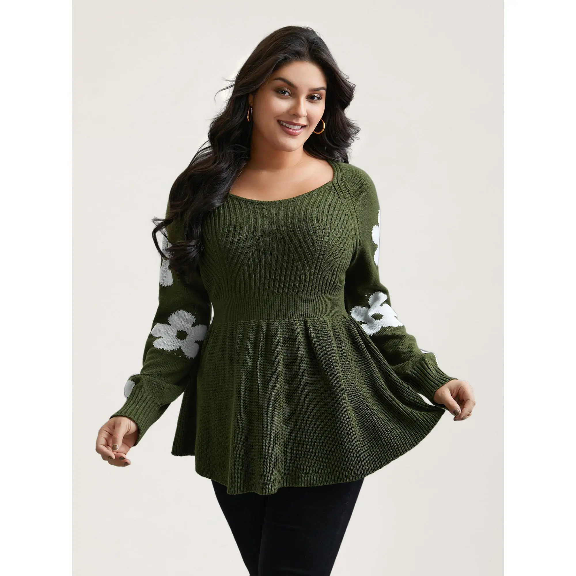 BloomChic Plus Size Floral Print Cable-Knit Sweater - Women's Army Green Bodycon Top with Sweetheart Neck, Flat Long Raglan Sleeves, Soft Acrylic Fabric, Back to School Haul Outfit, SohoChic Casual Knitwear