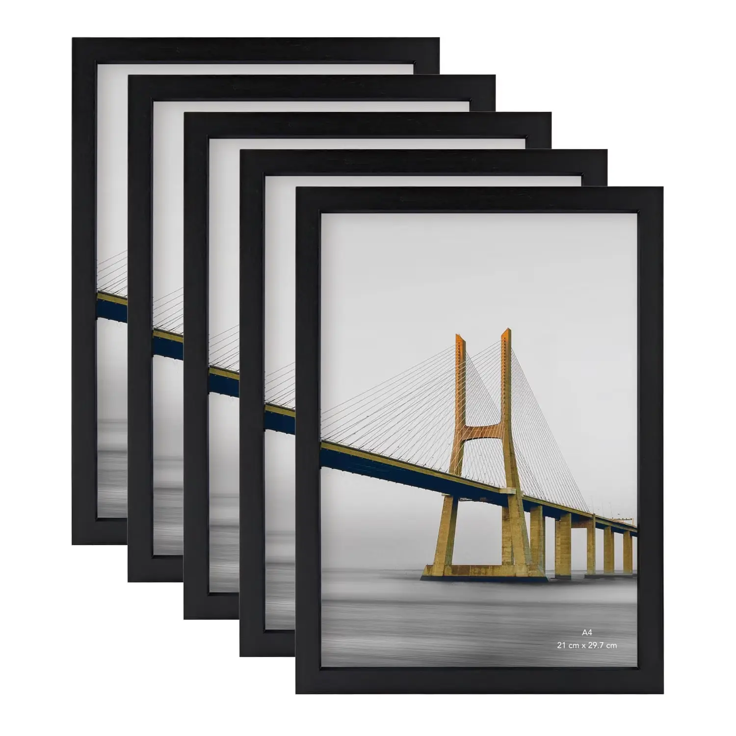 Scholartree 5-in-1 Wood Picture Frames Set, Front Loading Basic Tabletop A4 Picture Frame, Black