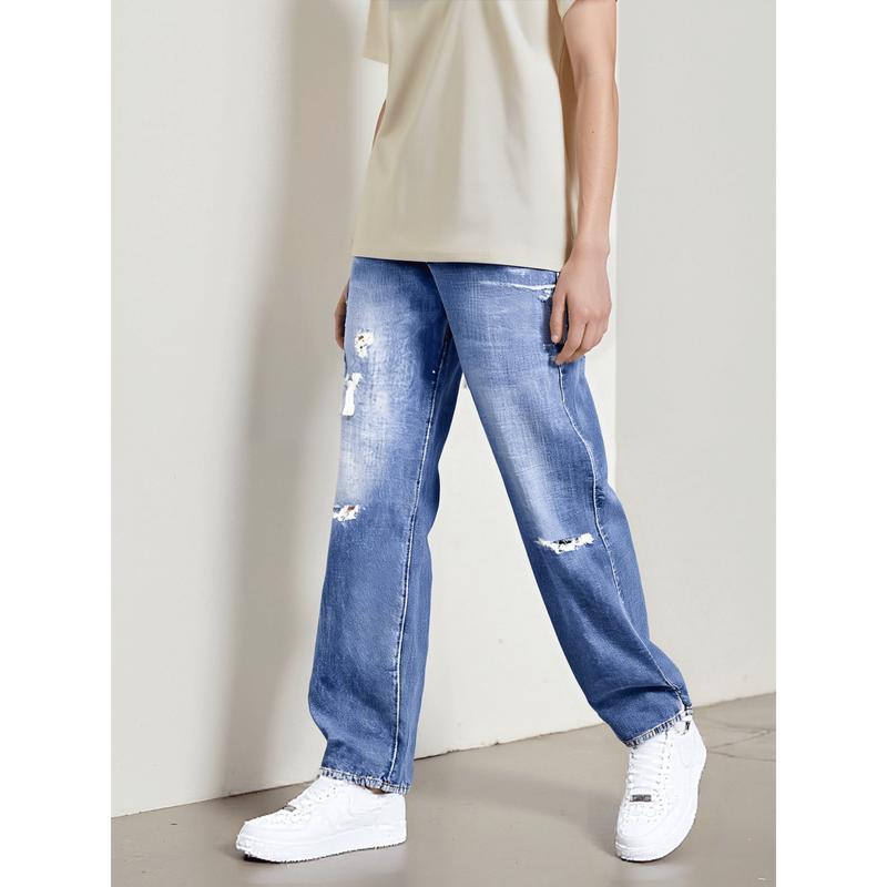 Womens Straight Leg Jeans Button Down Low Rise Ripped Jeans Plus Size Boyfriend Distressed Denim Pants with Pockets