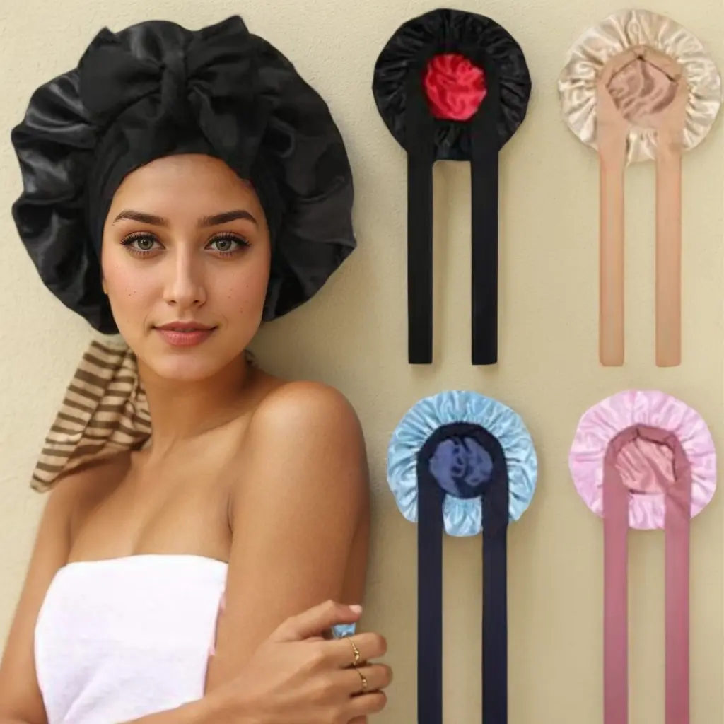 Double Layered Satin Night Caps Hair Care Silk-Like Bonnet Sleeping Hat Shower Caps for Women Nightcap With Elastic Tie Band Gifts Household