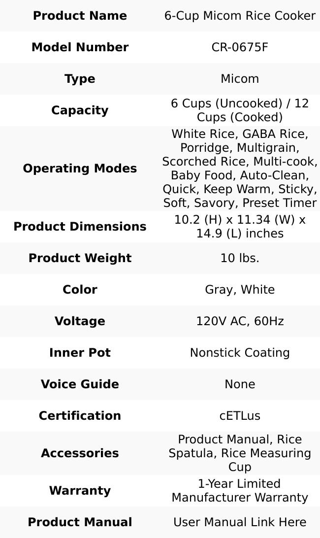 6-Cup Micom Rice Cooker (CR-0675F)