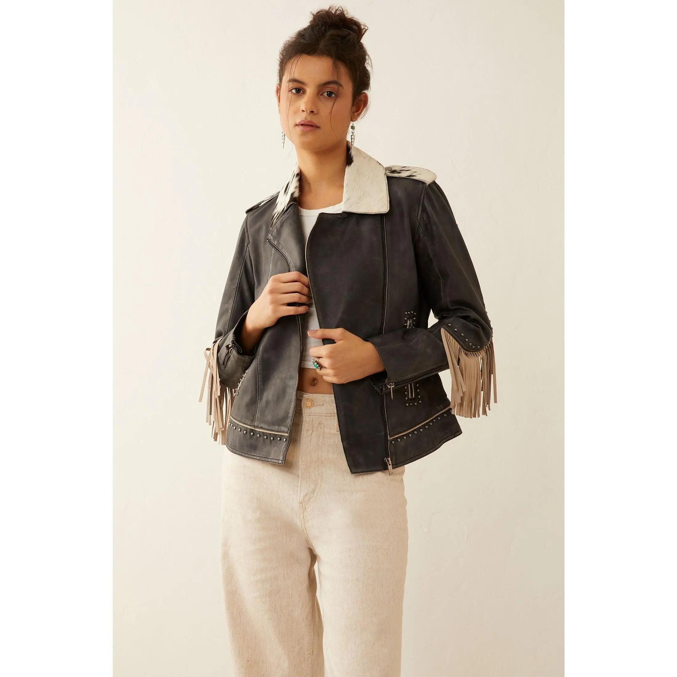 Women's Ebony Phoenix Fringed Leather Jacket - Embroidered Zippered Stylish Outerwear for Women's Tops & Coats Collection, Embroidery, Polyester, Long Sleeve, Piece, Metal Studs, Edgy, Style, Casual