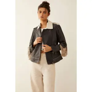 Phoenix Fringed Leather Jacket In Ebony