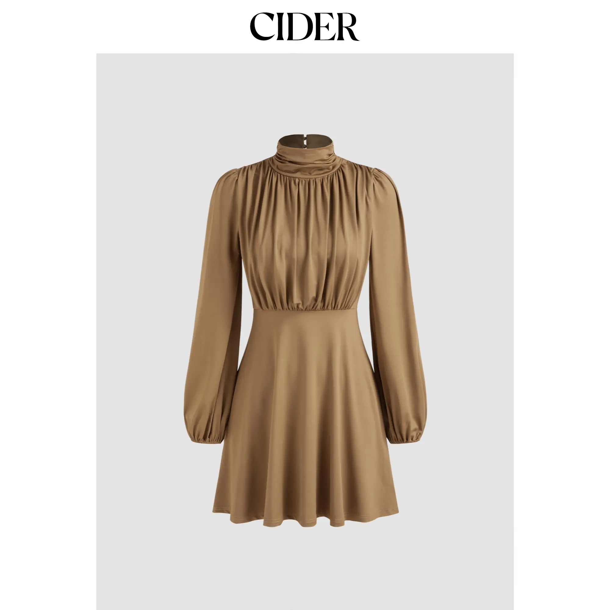 Cider Women's Chic Casual Fitted High Neck Solid Ruched Zipper Above-the-Knee Mini Dress (Size 0-10)