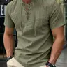 Men's Summer Linen Breathable Stand Collar Short Sleeved Shirt Top, Sporty, Regular Fit Business Casual Sports Style, Knot Design, Men's Clothing, Tropical