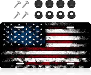 American Flag Vintage License Plate, Personalized USA Flag Novelty Car Front License Plate Cover with 4 Screws, Aluminum Metal Stainless American License Tag for Decor (Black & Red)
