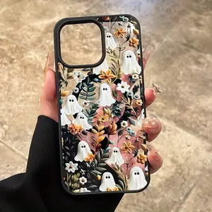 Halloween gift 1 piece of Ghost Flower Pattern TPU protective Magnetic phnoe case, Halloween Cloak Little Ghost Pattern 360 Degree Full Protection compatible for iphone 17 16ProMax, 15Pro Max, 14Plus iPhone 14/13, 12 11 shockproof phone case, funny and fu