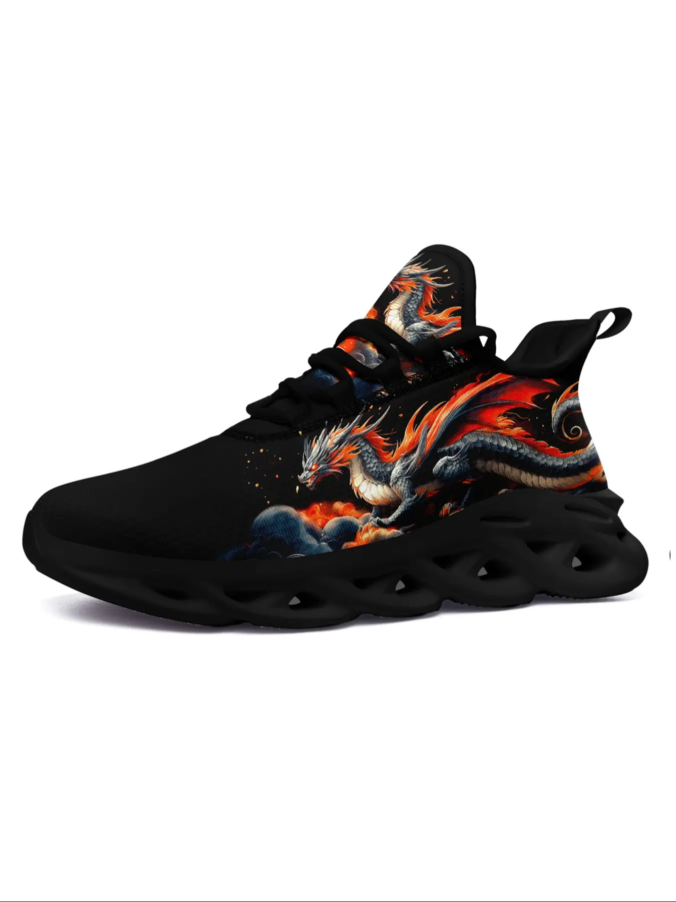 Women's Lace-Up Sneakers, Fashionable Casual Sneakers, Casual Trendy Sneakers, Chinese Dragon Design Eastern Art-Inspired, Comfortable Footwear for Streetwear and Casual Outfits, Sports Shoes