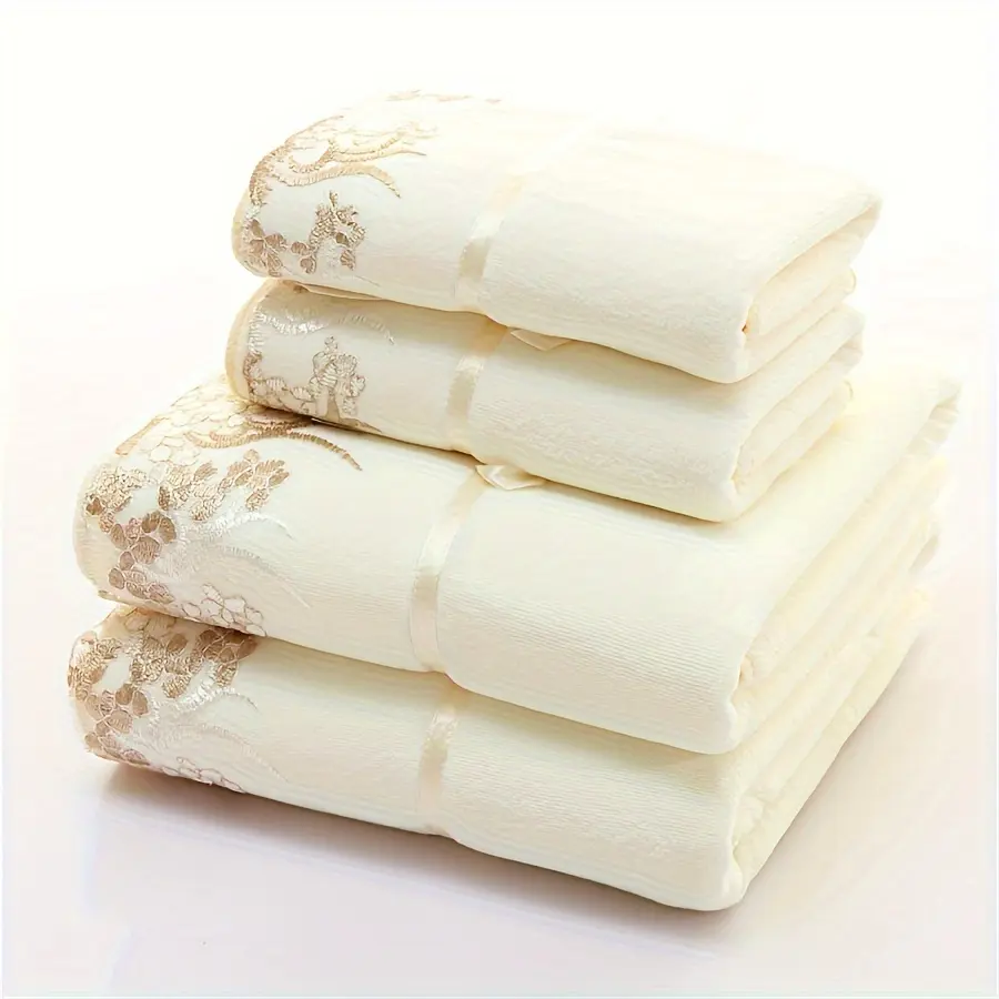 4 Lace Embroidered Towel Set, Household Microfiber Towel, Soft Hand Towel Bath Towel, Bath Towel Set, Bathroom Absorbent Towel, 2 Bath Towels And 2 Hand Towels, Bathroom Supplies
