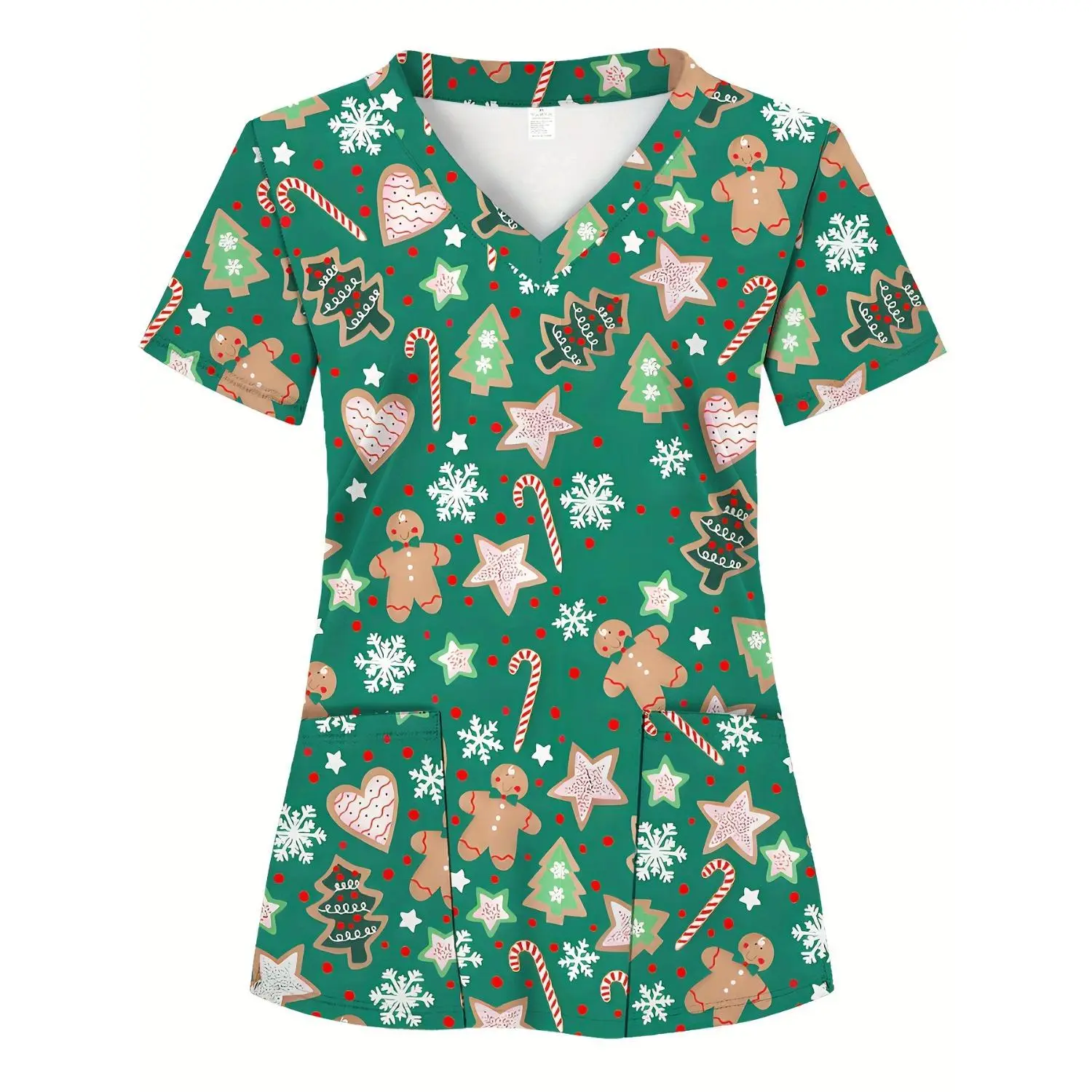 Women's Christmas-Themed Green Full-Body Printed Top with Pockets – Soft, Breathable, and Perfect for Healthcare Professionals