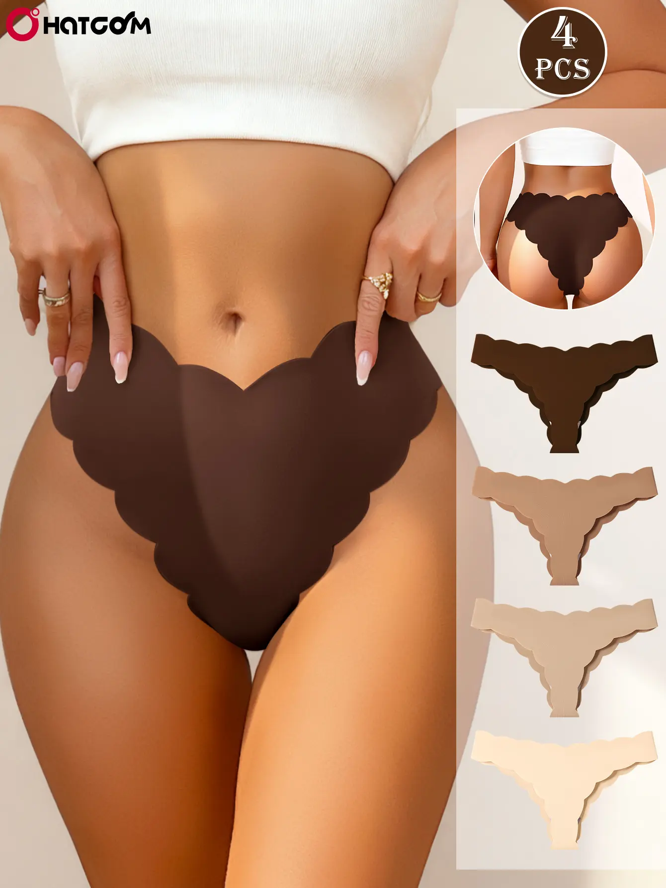 Hotcom Women's 4-Pack Seamless High-Cut Panties, Solid Color Everyday Briefs with Scallop Trim, Soft Breathable Underwear, Seamless Low-Cut Briefs
