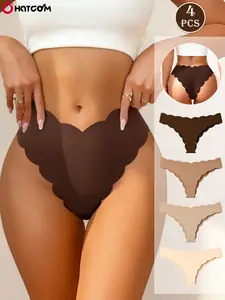 HOTCOM Women's Solid color Scallop Trim High Cut Knicker Pastel Basic Minimalist Soft Comfort Breathable Seamless Panty 4 Counts Summer Panties for Daily Wear thong Everyday Womenswear