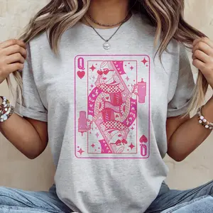 Valentine's Day Queen of Hearts Tee Pink Queen of Heart Playing Card Love Tshirt Casual Womens Crewneck Sublimation Top