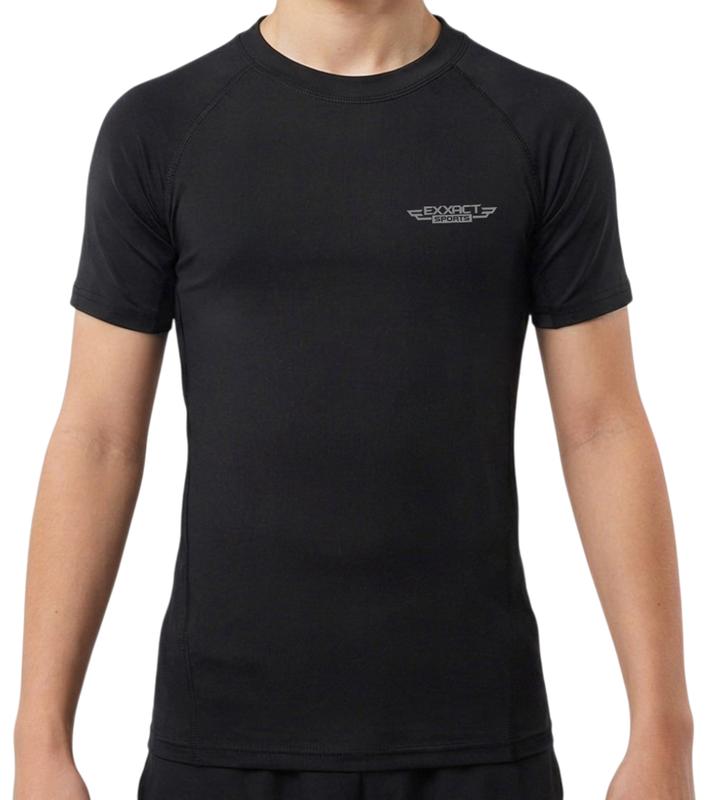 Exxact Sports Kids BJJ Rash Guard Short Sleeve, Ranked No Gi Jiu Jitsu Compression Shirt for Boys & Girls for MMA, Wrestling - (Black) Activewear