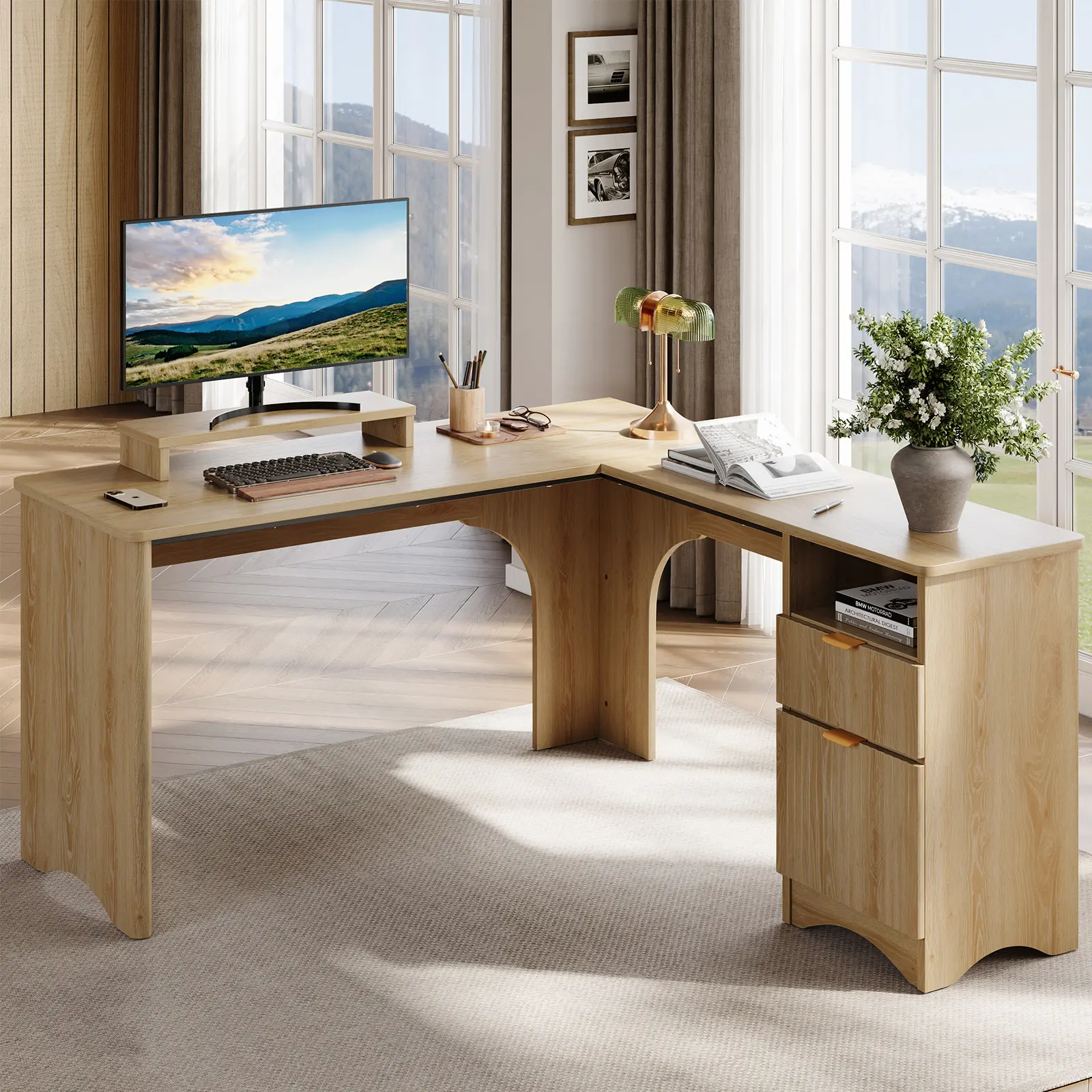 L-Shaped Computer Desk with Monitor Stand, Drawers & Open Shelf, Ergonomic Home Office Workstation L-Shaped Computer Desk with Monitor Stand, Drawers & Open Shelf, Ergonomic Home Office Workstation