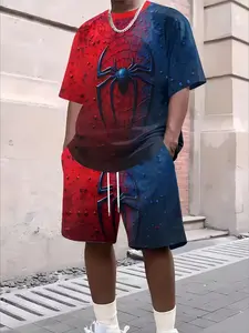 Men's Spider Print Tee and Short Set, Breathable Stretch Fabric, Round Neck Regular Fit, Summer Casual Street Style