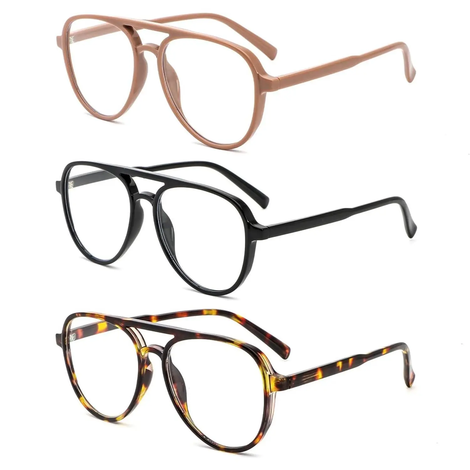 Women's Multi-Pack Oversized Aviator Blue Light Blocking Reading Glasses - High Quality Polycarbonate Lightweight Durable Eyewear, Retro Double Bridge Pilot Frames, Anti-Eyestrain for Computer Use