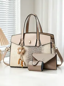 Crocodile Pattern 3-Piece Women's Bag Set, Premium Patent Leather Ladies Handbag, Large-Capacity Shoulder and Crossbody Bag Available in Multiple Colors, Matched with Flower Pendant, Ideal as a Mother's Day Gift for Mom