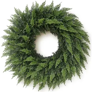 24" Real Touch Cedar Wreath for Front Door, Artificial Christmas Wreaths Faux Cedar Green  Pine  Wreath for Front Door Wall Windows Indoor Outdoor Christmas Decor