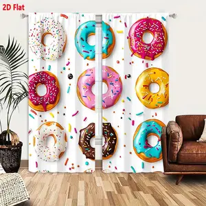 2D Flat Colorful Donut Pattern Curtain 2-Piece Set with Rainbow Sprinkles, Frosted Donuts Decor, Lightweight Polyester Window Curtains for Living Room Bedroom, Vibrant Festive Home Decoration