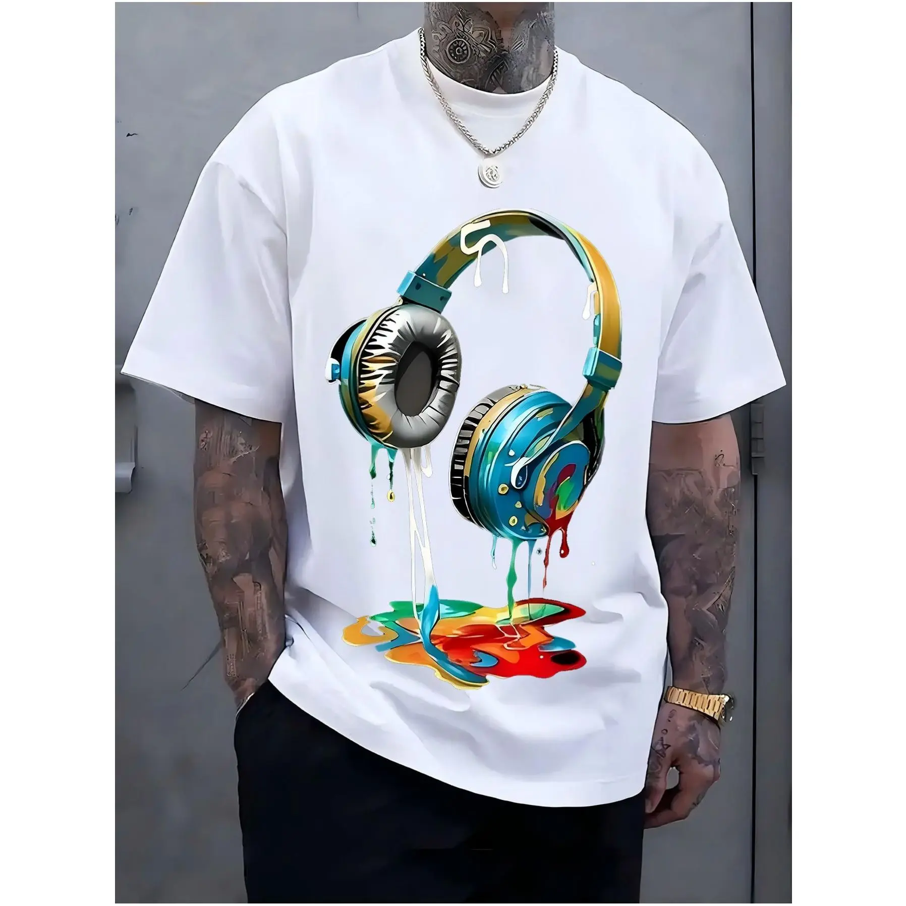 Men's Navy Blue Graphic Tshirt, Casual All-Over Headphone Print, 100% Cotton Knit Shortsleeve Crew Neck, Fabric, Top, Menswear, Round Neck, Headphones Print, Stretch, All Over Print