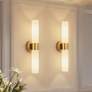 Hardwired Wall Sconces Set of 2 Modern Bathroom Lighting Milky White Glass Brushed Gold Finish for Mirror Bedroom Living Room Hallway Wall Decor