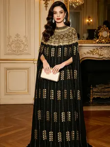 Women's Elegant Long Abaya Dress, Embroidered Gold Bead Details, Batwing Sleeve High Neck, Kaftan for Evening Events, Wedding, Luxury Party