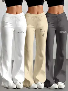 Three-Piece Set Milk Silk Yoga Pants, Casual Fashion Long Pants, Casual Sport Trousers, Drawstring Waist, Wide Leg, Spring & Fall Wear, Fitted Style, Athleisure Style Bottoms