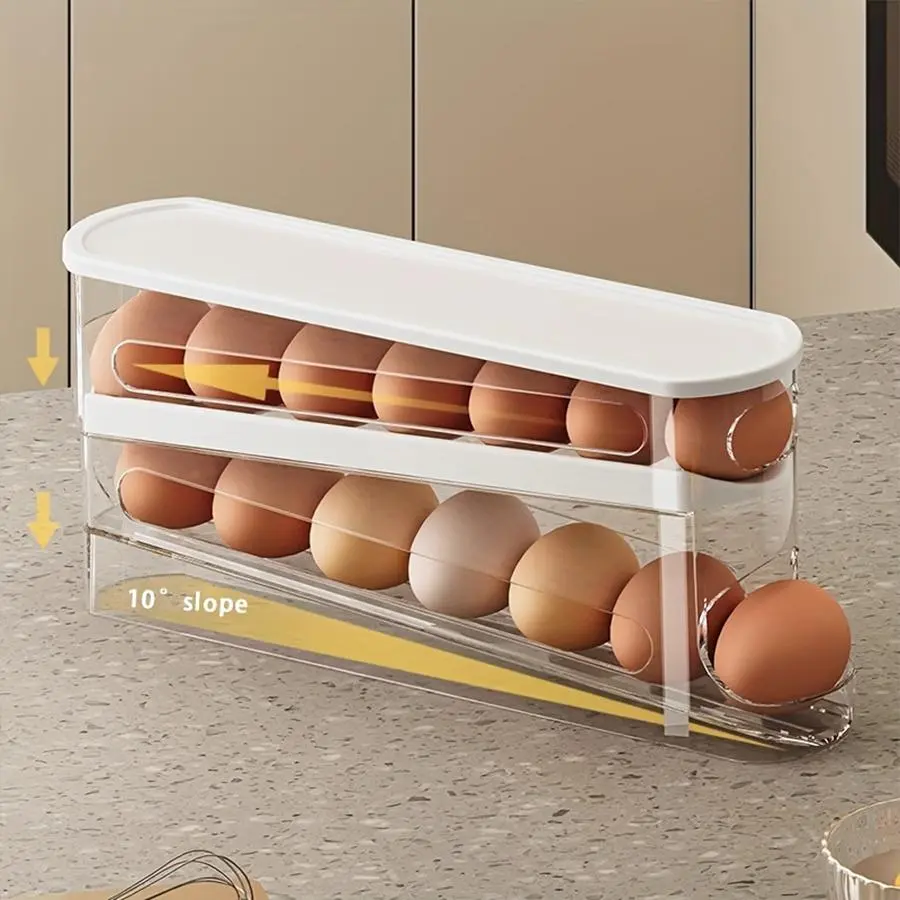 12-14 Eggs Automatic Double-Layer Sliding Egg Storage Container, Hinged Design, Fresh Egg Keeper, Plastic Material, Non-Contact with Food, with Refrigerator Space Saver Egg Rack for Kitchen, Fridge Storage Organizer