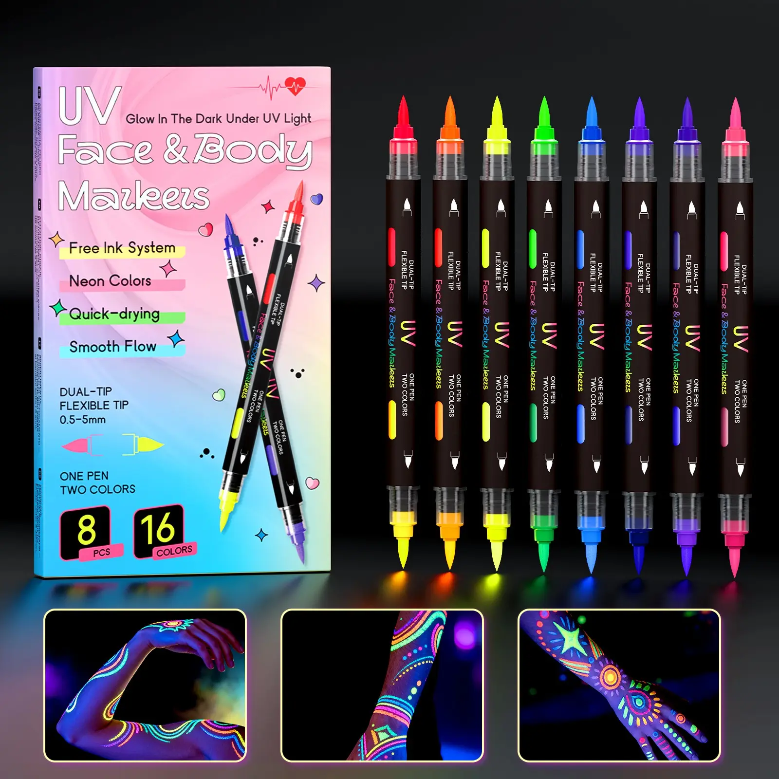 UV Fluorescent Body Paint Pens, Set of 8, 16 Colors, Dual-Tip Design, Glow Under UV Light, Waterproof, Quick-Drying, Fun Painting Tool, Glow In The Dark Body Paint