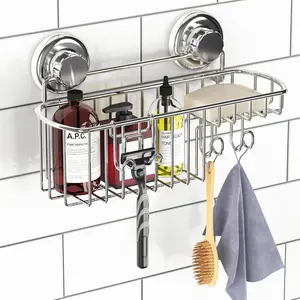 Hasko suction cup shower caddy basket for shampoo shower suction shelf organizer basket with soap holder and hooks stainless steel shampoo holder for bathroom storage chrome
