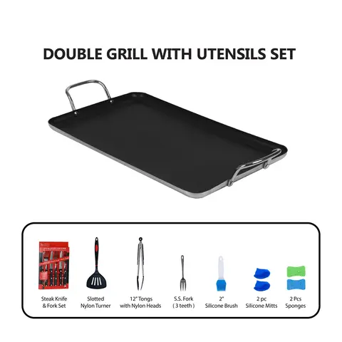 SmartCook Double Burner Rectangular Nonstick Grill & Griddle Combo Pan with Utensils Set - Smooth Solid Surface, Durable, Comfortable Grip Handle, 2" Silicone Brush, 2 Sponges, Nylon-Head Tongs, Stovetop Barbecue Grill Cookware