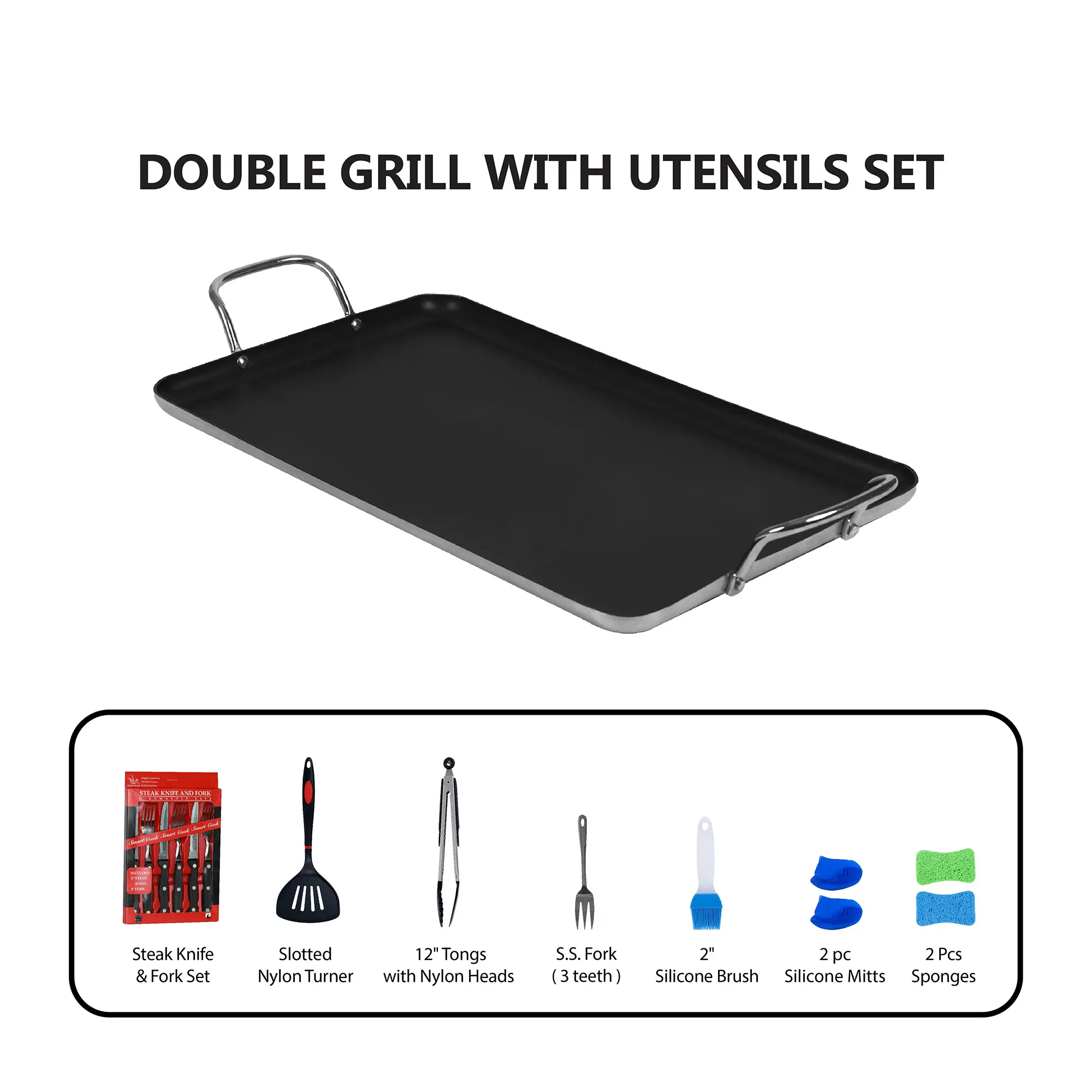 SmartCook Double Burner Griddle/Grill Pan with Utensils Set – Nonstick, Durable, Foodie, Perfect for Stove Tops Cookware Silicone Handles pots and